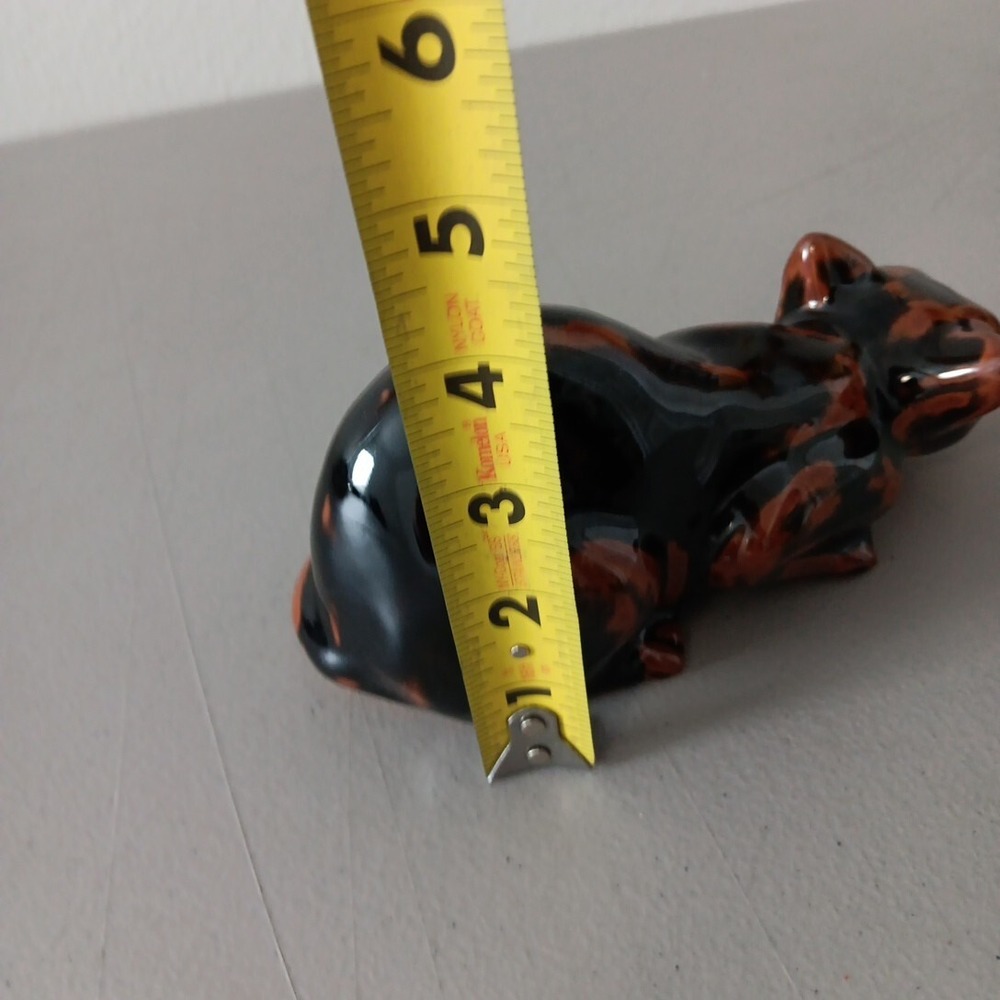 Crouching Calico Cat Figurine Drip Glazed Ceramic 8" Long Hunter Black Brown MCM - Picture 12 of 12